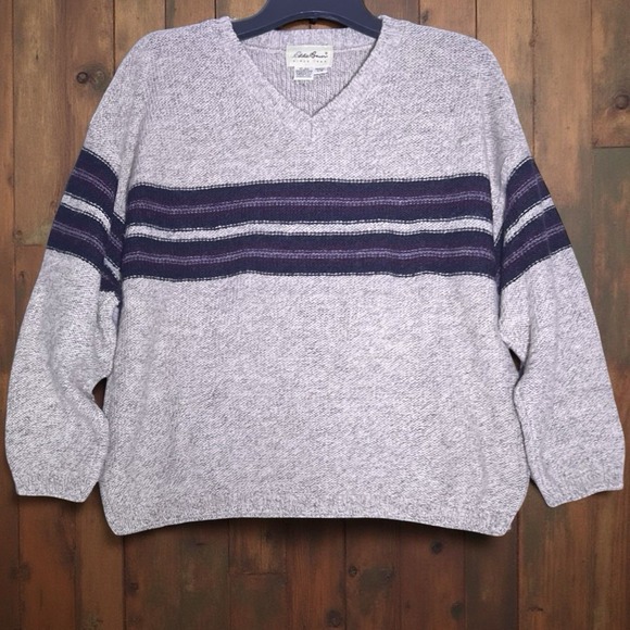 VTG Eddie Bauer Wool Blend Striped V-Neck Sweater Size L Cozy Cabin Preppy USA - Picture 1 of 11